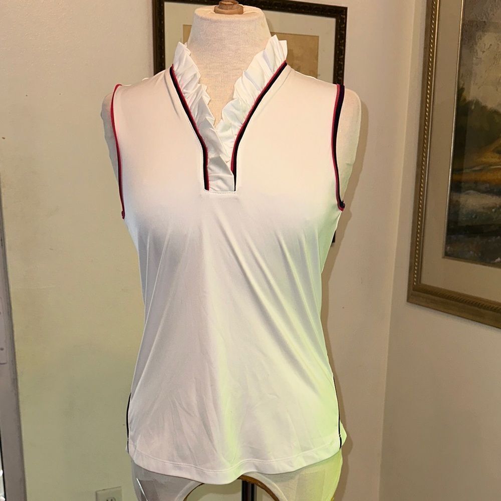 Greg Norman Sleeveless White Ruffle Neck w/ Navy and Red Trim Size Small